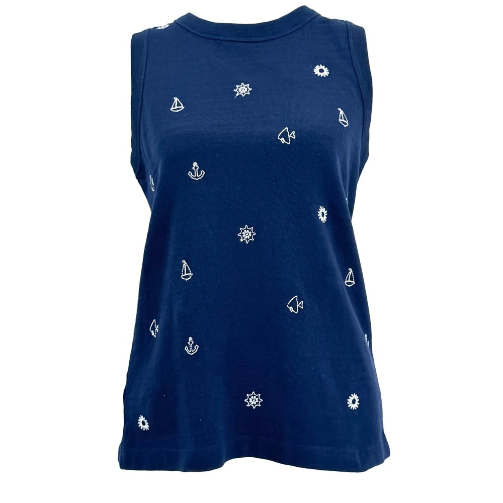 LOFT Navy Sleeveless Top with Nautical Embroidery, Coastal Preppy NWT